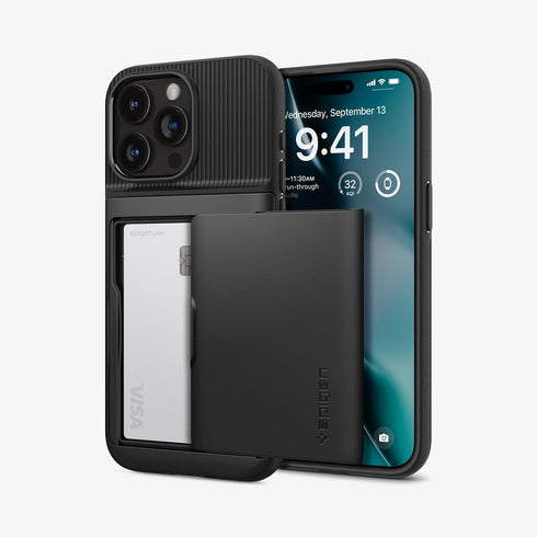 ACS06589 - iPhone 15 Pro Max Case Slim Armor CS in black showing the back with card in slot